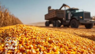 ذرت دامی تازه برداشت‌شده در کنار کامیون بارگیری در مزرعه؛ نمادی از زنجیره تأمین نهاده‌های دامی در ایران، با لوگوی تجارت دانه کیهان